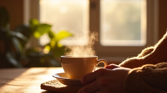 A person enjoying a cup of herbal tea in a cozy, sunlit space, promoting relaxation and mindfulness.