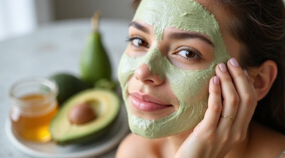 A woman applying a natural face mask with fresh ingredients, representing women's beauty and skincare.