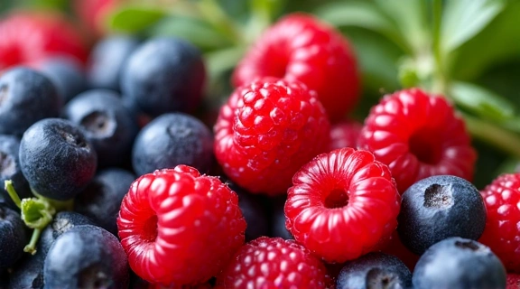 A close-up of vibrant berries and leafy greens, highlighting the importance of antioxidants in nutrition.