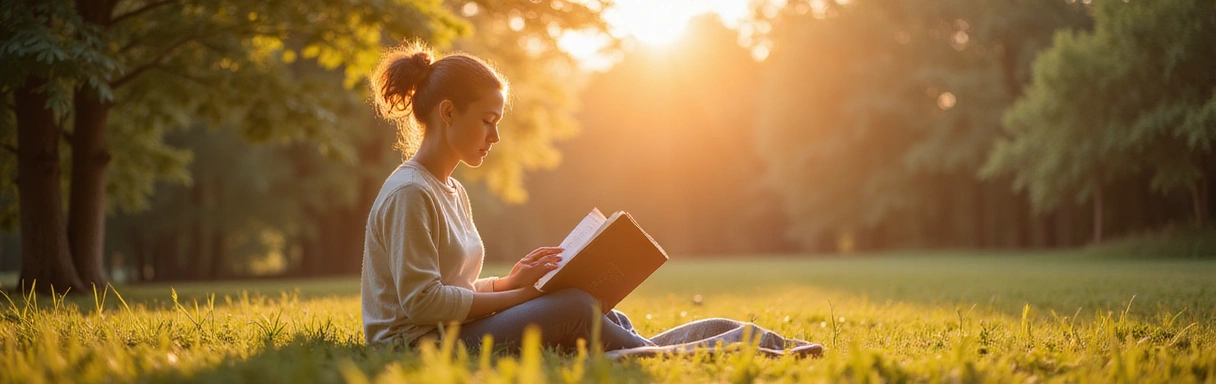 A person reading a book in a lush, green, natural environment, symbolizing peace and natural health insights.