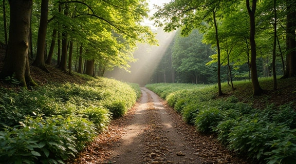 A serene forest path with sunlight filtering through trees, symbolizing a journey towards natural living and detoxification.