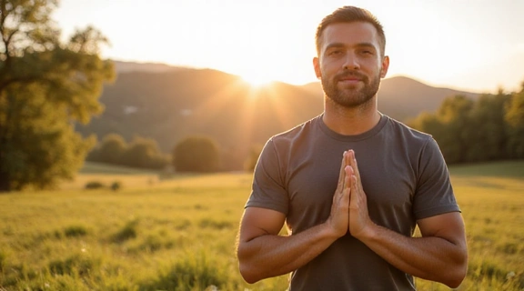 A man practicing yoga in a peaceful outdoor setting, symbolizing men's health and wellness.