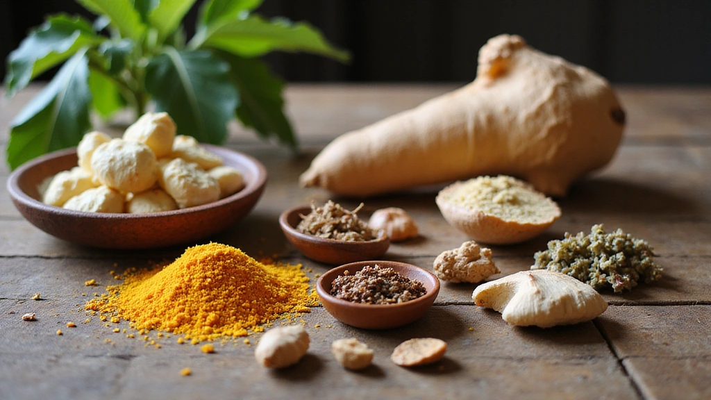 Various adaptogenic herbs like Ashwagandha, Ginseng, and Reishi mushrooms laid out on a rustic wooden table, symbolizing natural stress relief.
