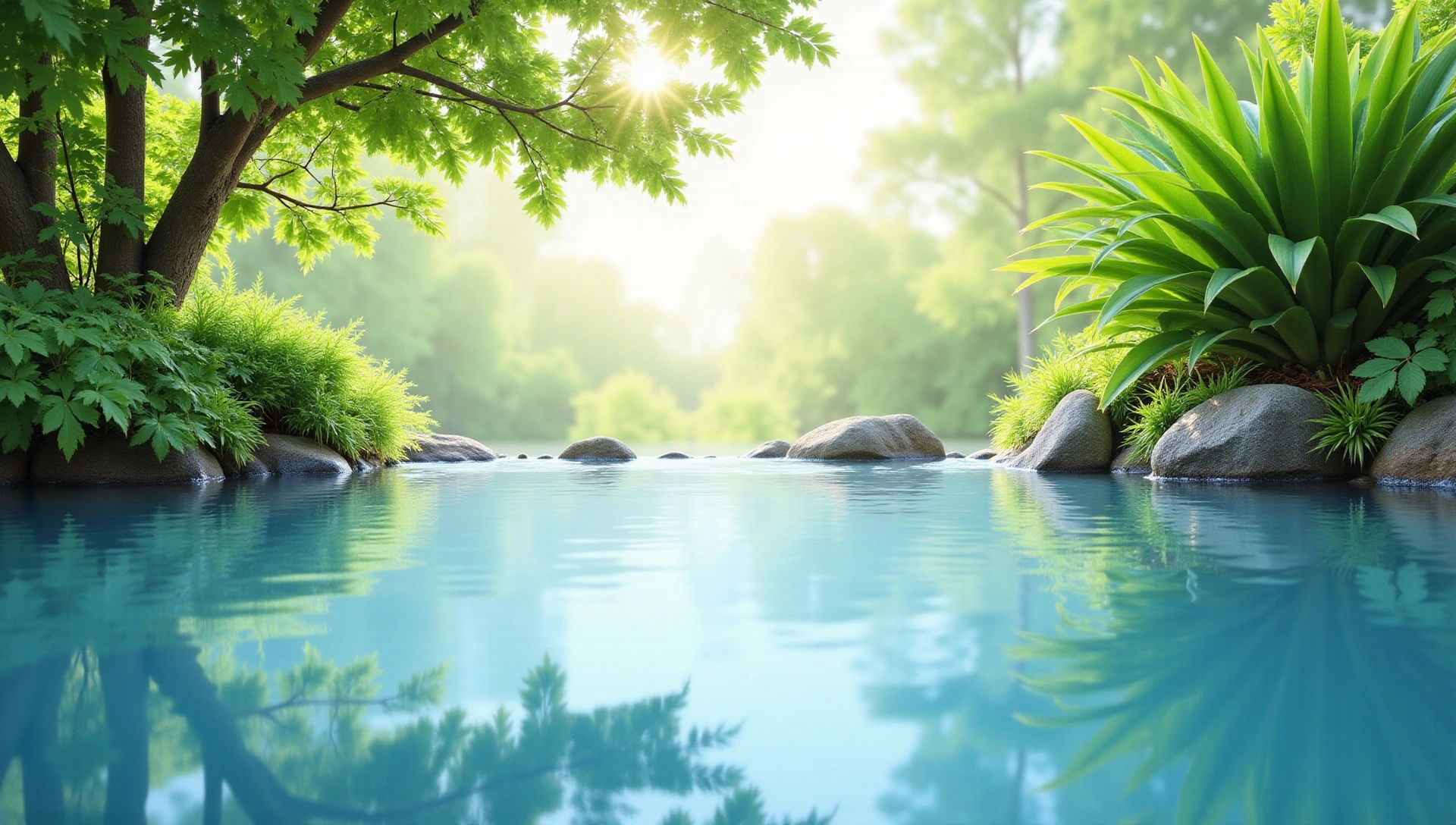 Serene nature elements with lush greenery and clear water