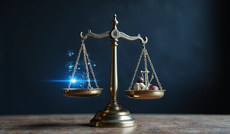 Abstract representation of legal scales balancing with digital elements