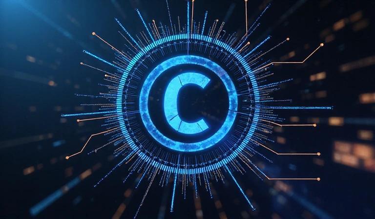 Copyright symbol with digital data flowing around it